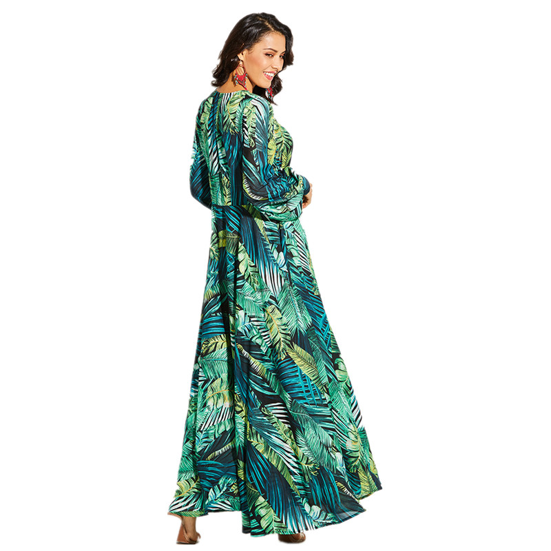 Dress Summer New Women Long Sleeve Green leaf Maxi Dresses Big Dress Casual V Neck Belt Plus Size