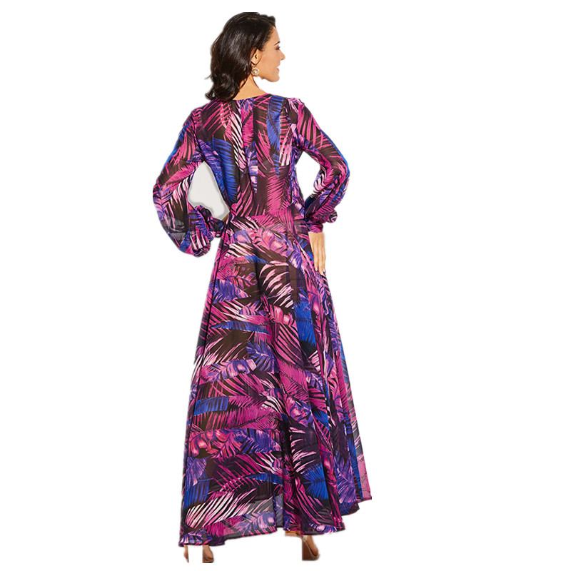 Dress Summer New Women Long Sleeve Green leaf Maxi Dresses Big Dress Casual V Neck Belt Plus Size
