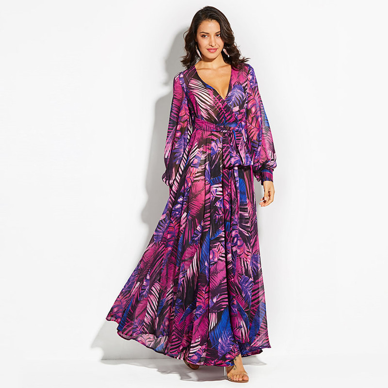 Dress Summer New Women Long Sleeve Green leaf Maxi Dresses Big Dress Casual V Neck Belt Plus Size