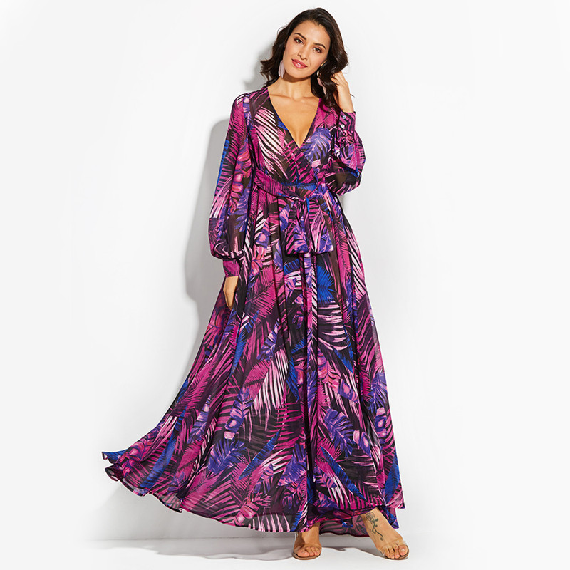 Dress Summer New Women Long Sleeve Green leaf Maxi Dresses Big Dress Casual V Neck Belt Plus Size