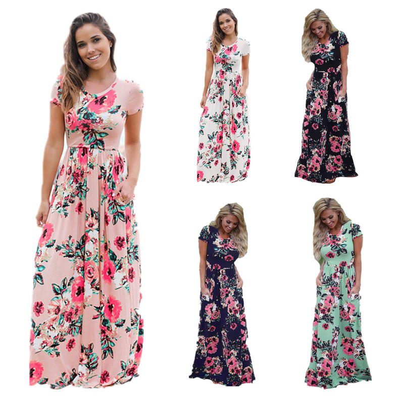 Dress 2019 Summer Long Dress Floral Print Boho Beach Dress Tunic Women Evening Party Dress Sundress