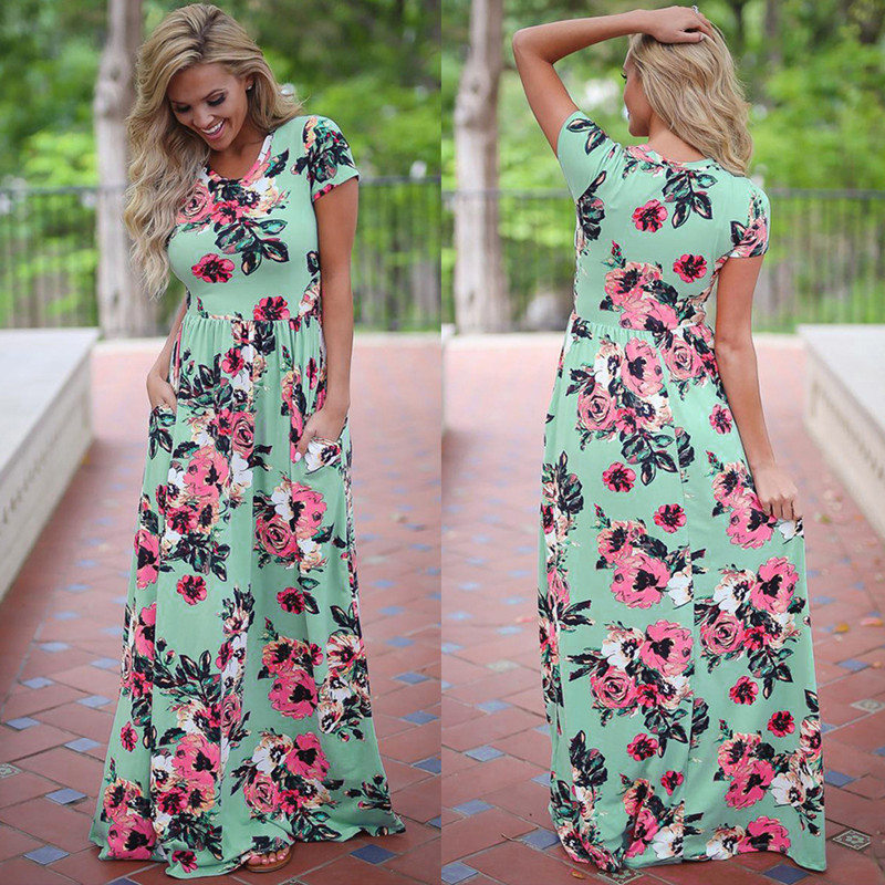 Dress 2019 Summer Long Dress Floral Print Boho Beach Dress Tunic Women Evening Party Dress Sundress