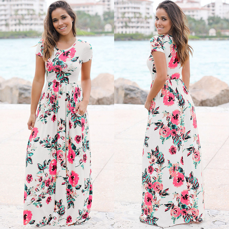 Dress 2019 Summer Long Dress Floral Print Boho Beach Dress Tunic Women Evening Party Dress Sundress