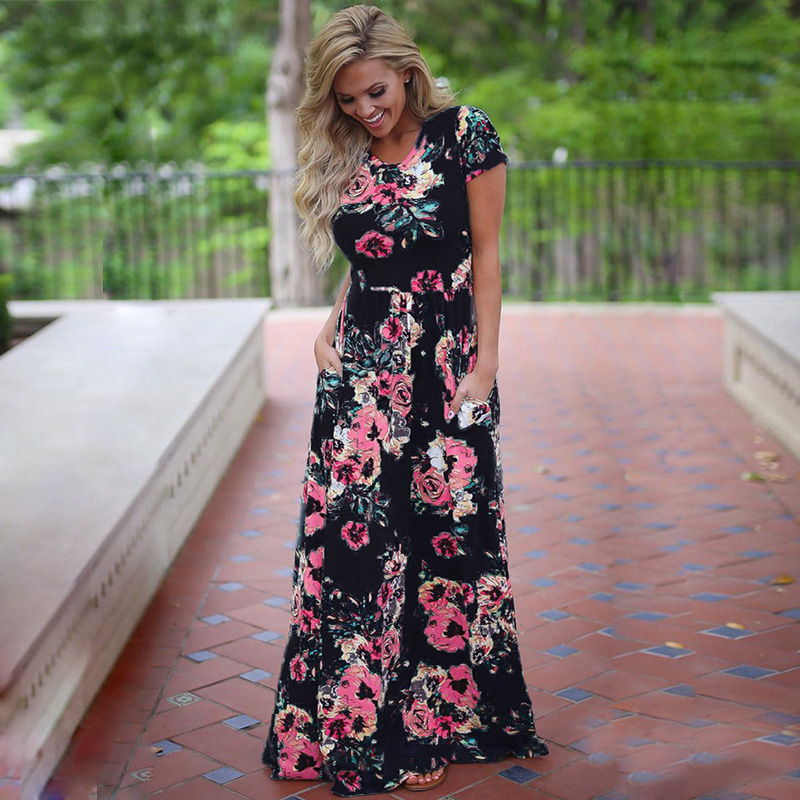 Dress 2019 Summer Long Dress Floral Print Boho Beach Dress Tunic Women Evening Party Dress Sundress