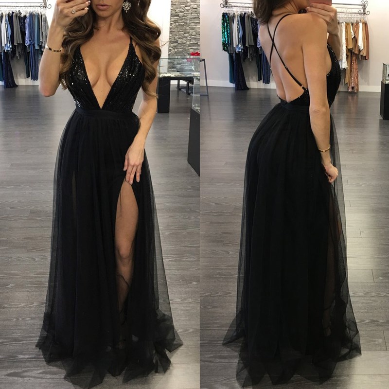 Popular Sexy Lady Evening Dress Floor Tail Sequins Girl Skirt High Quality High-V Neck Women Clothes