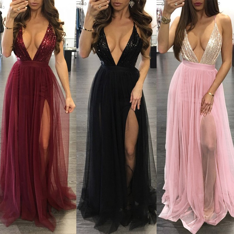 Popular Sexy Lady Evening Dress Floor Tail Sequins Girl Skirt High Quality High-V Neck Women Clothes