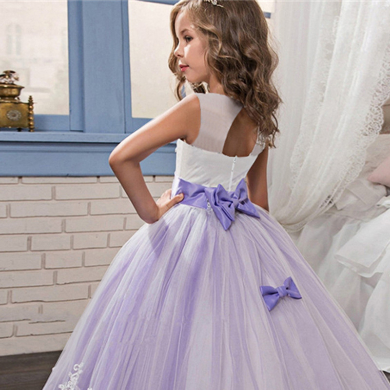 Kids Lace Wedding Dress For Girl Party meshGauze Dresses Sling  bow Flower Princess Children Dress