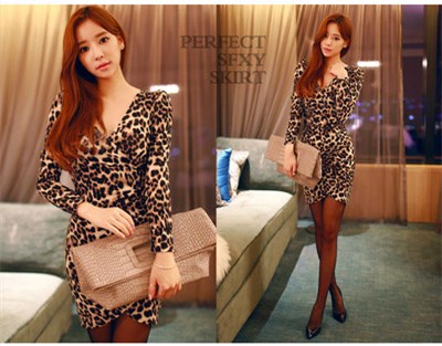 New Leopard Print Women's Sexy Slim Dress Party One Piece Dress Long Slim V-Neck long sleeve Dress
