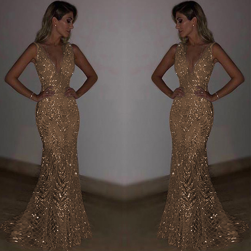 Sexy Personalized Sleeveless Deep V Women Evening Dresses Sequins Girls Parties Red Carpets Long Skirt Parties Ceceramony Celebrations  Women Clothes