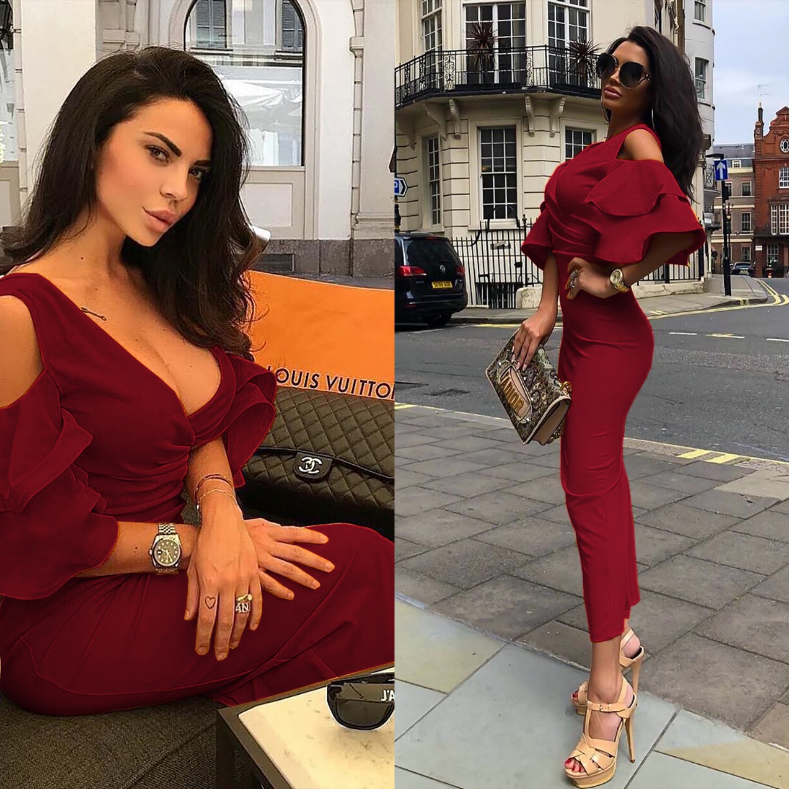 Sexy Deep V collar dress Off shoulder lotus leaf sleeve skirt Lady Concert Dress Party Dress