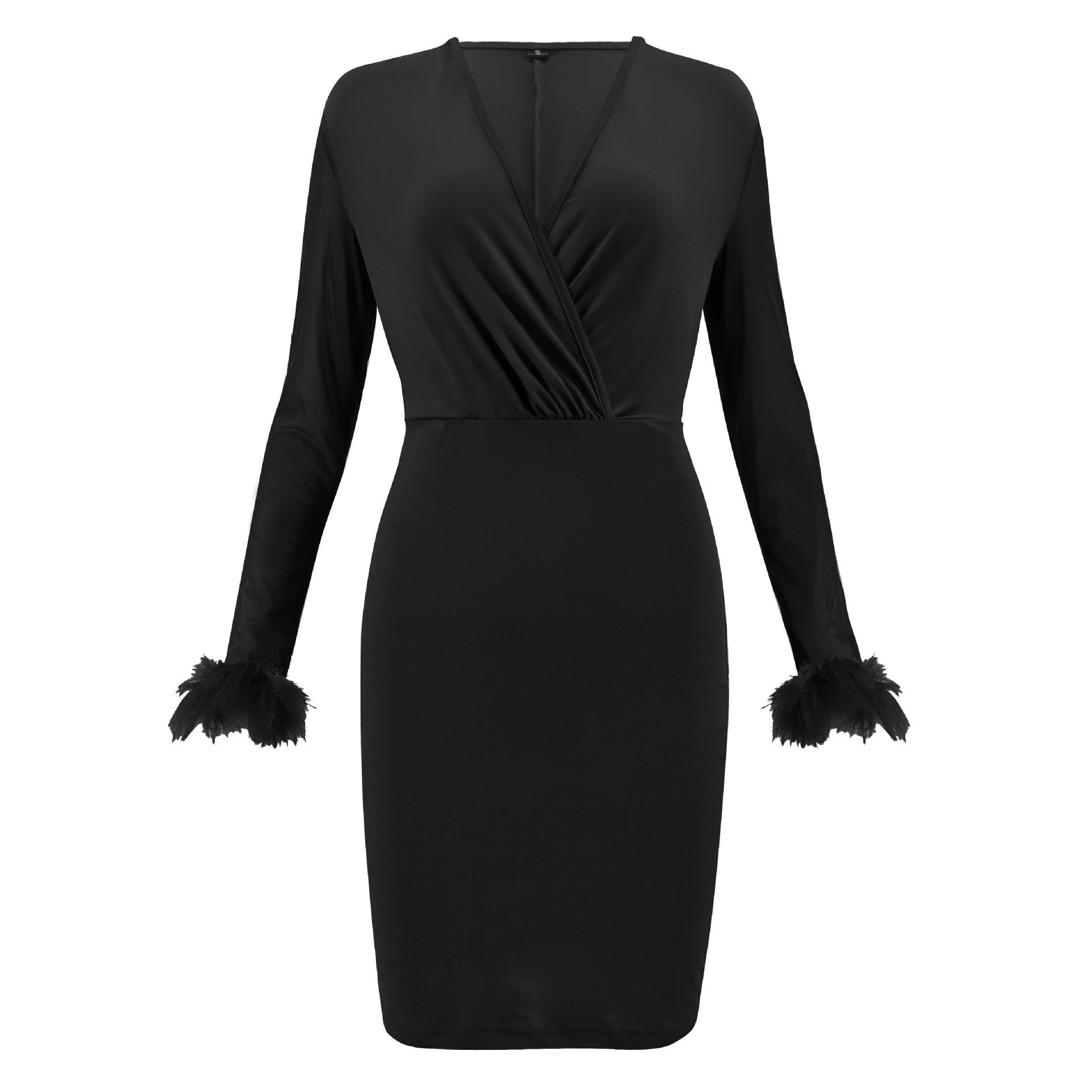Sexy Personalized Deep V wrapped hip dress Wool sleeve Pure colorDress Party Concert Dress