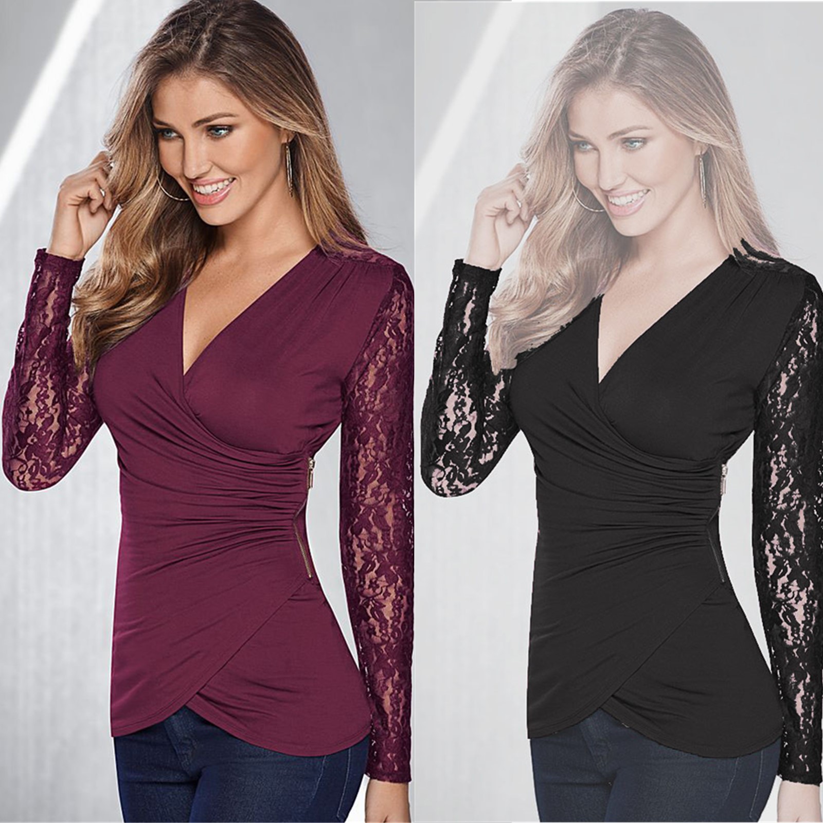 Europe and America Sexy personality white collar Top Women's long sleeve lace V Neck Leisure Top
