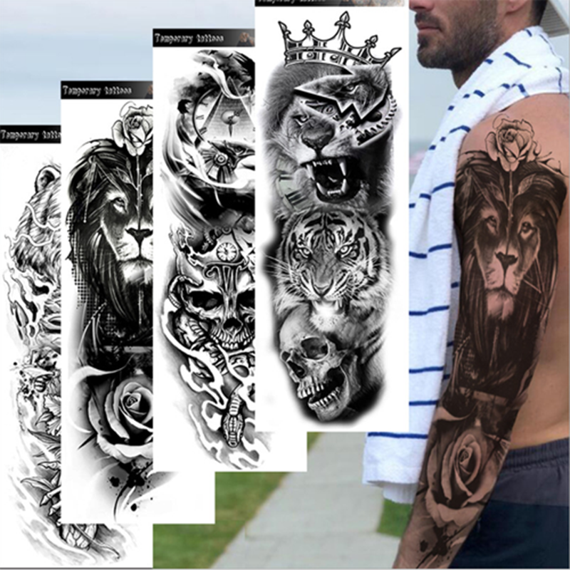 10 PCS Full Arm  Sleeve Waterproof Men Tatoo Stickers Full Arm Lion Tiger Animal One Time Body Art