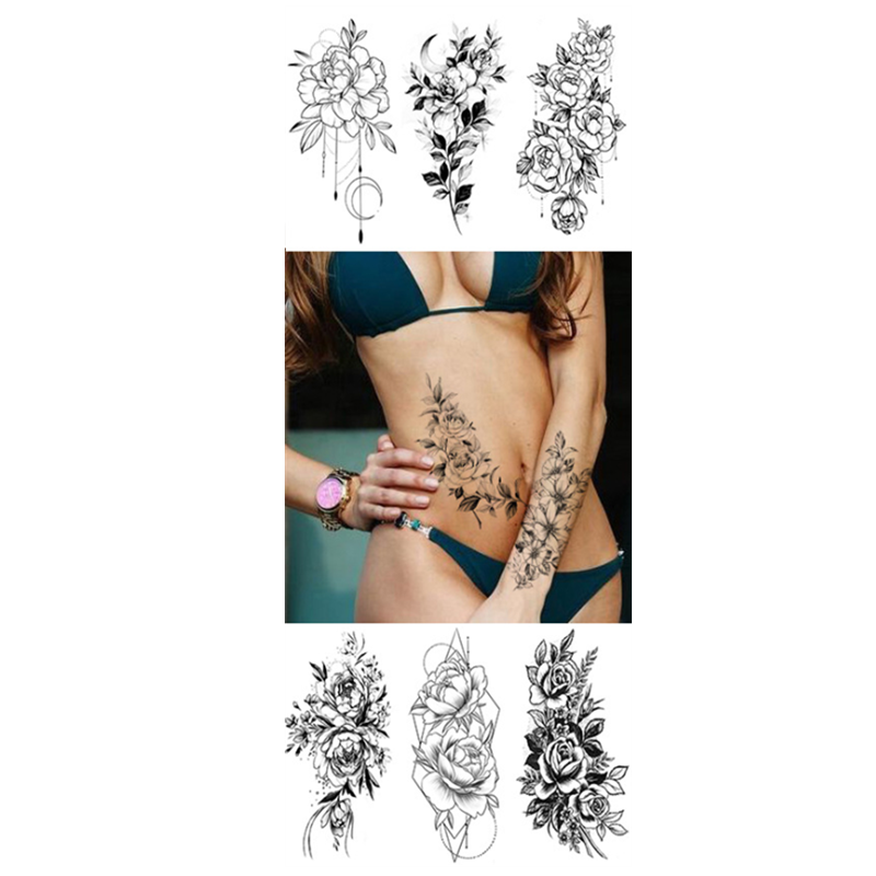 10PCS Black & White Sketch Flower Tattoo Sticker Abstract Rose Flower One Time Men Women Body Art