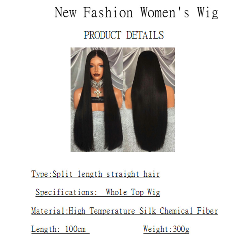 Fashion African Hot Sale Women's Wig 100cm Split Long Straight Hair Black Chemical Fiber Wigs