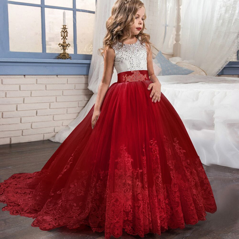 Kids Lace Wedding Dress For Girl Party meshGauze Dresses Sling  bow Flower Princess Children Dress