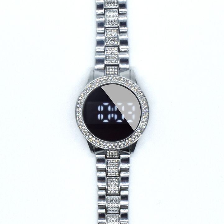 African Popular New Inlaid Diamond LED Electronic Watch Simple Steel Band Leisure Women Girls Watch