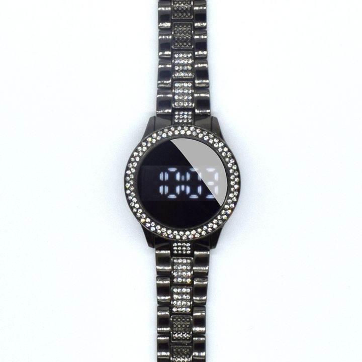 African Popular New Inlaid Diamond LED Electronic Watch Simple Steel Band Leisure Women Girls Watch