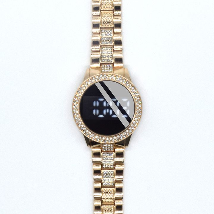 African Popular New Inlaid Diamond LED Electronic Watch Simple Steel Band Leisure Women Girls Watch