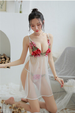 2021 Fashion New Rose Flowers Temptation Sexy Women Lingerie Side Slit Sling Mesh Lady Nightdress Girls Transparent Pajama Set