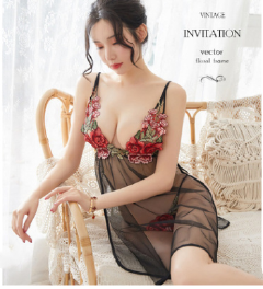 2021 Fashion New Rose Flowers Temptation Sexy Women Lingerie Side Slit Sling Mesh Lady Nightdress Girls Transparent Pajama Set