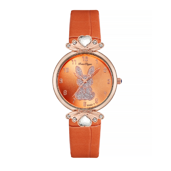 2022 New Fresh Wind Young Girls Rabbits Pattern Women's Crystal Watches Set(1pc Watch + 1PC Bracelet) Net Red Recommended PU Belt Ladies Female Students Girls Kids Children Watches + Luxury Gift Box L