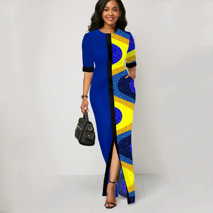 European and African New Style Round Neck Leopard Stitching Split Long Women Evening Dresses Fifth-Sleeve High Waist Slim Fitting Popular Lady Dresses Spring Summer Girls Fashion CLothes Girlfriends D