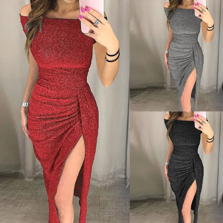 2022 New Dress Popular in Europe And America Women's Hip Wrap Dress slit One-line Collar Dress Shiny Dress Dinner Dress Party Evening Dress  Popular in Europe And America Women's Hip Wrap Dress slit O