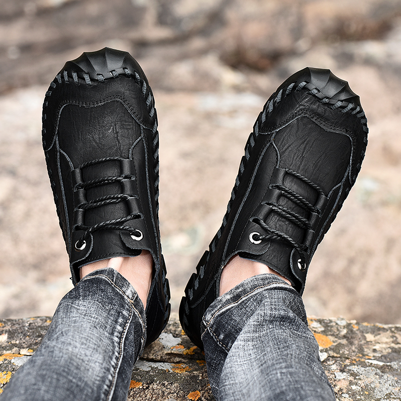 SocNoDn Men Ankle Boots Casual Genuine Leather Outdoor Walking Hiking Work Shoes Boots Quality