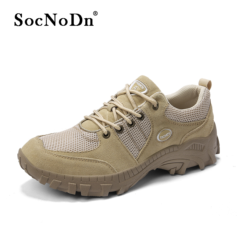 SocNoDn Men Ankle Boots Casual Mesh Fabric+Leather Outdoor Walking Hiking Work Shoes Boots Quality