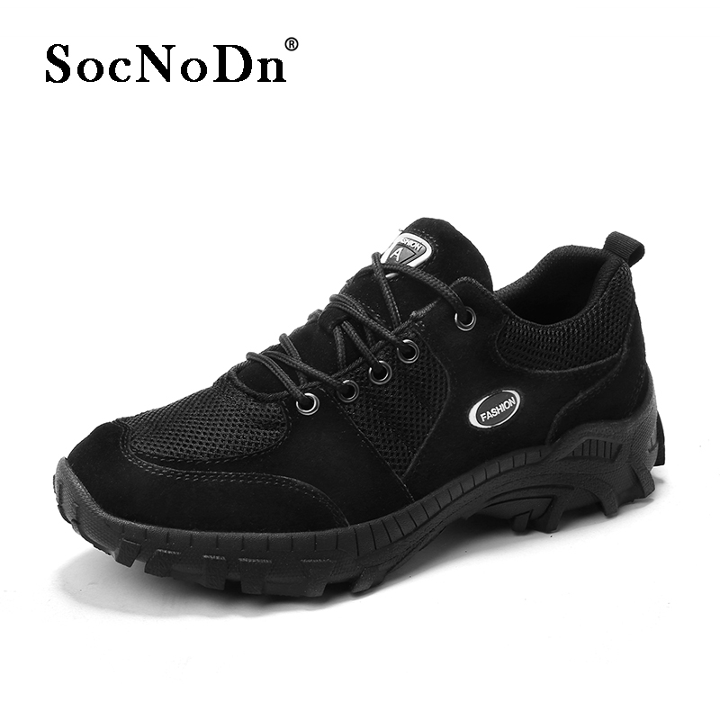 SocNoDn Men Ankle Boots Casual Mesh Fabric+Leather Outdoor Walking Hiking Work Shoes Boots Quality