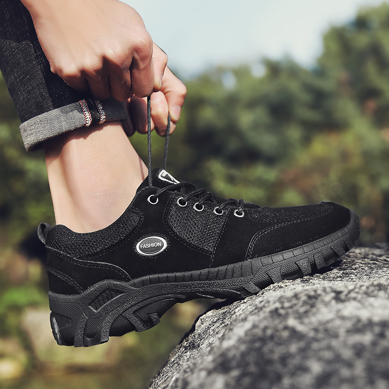SocNoDn Men Ankle Boots Casual Mesh Fabric+Leather Outdoor Walking Hiking Work Shoes Boots Quality