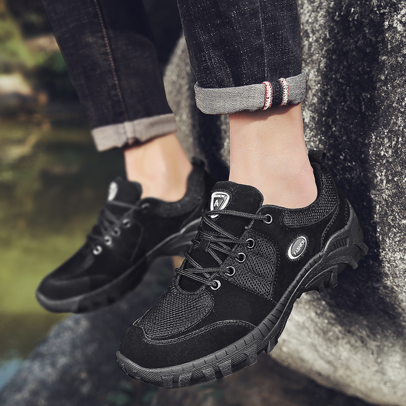 SocNoDn Men Ankle Boots Casual Mesh Fabric+Leather Outdoor Walking Hiking Work Shoes Boots Quality