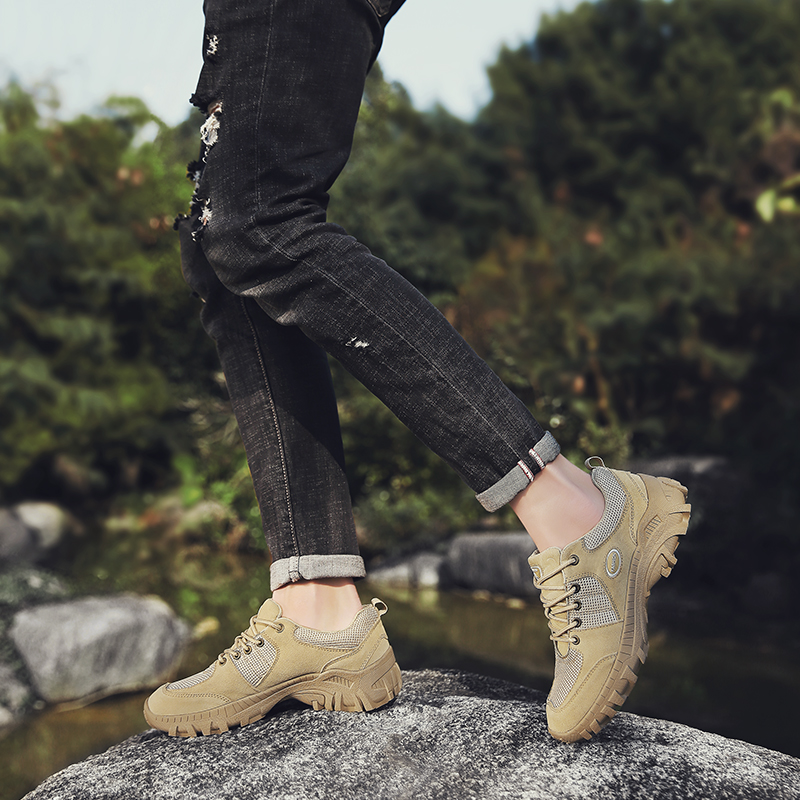 SocNoDn Men Ankle Boots Casual Mesh Fabric+Leather Outdoor Walking Hiking Work Shoes Boots Quality