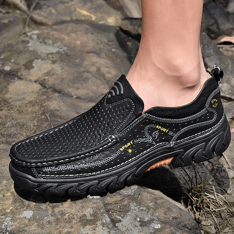 SocNoDn Luxury Men's Fashion Hollow Genuine Leather Shoes Loafers Men Casual Hiking Sneakers Boots