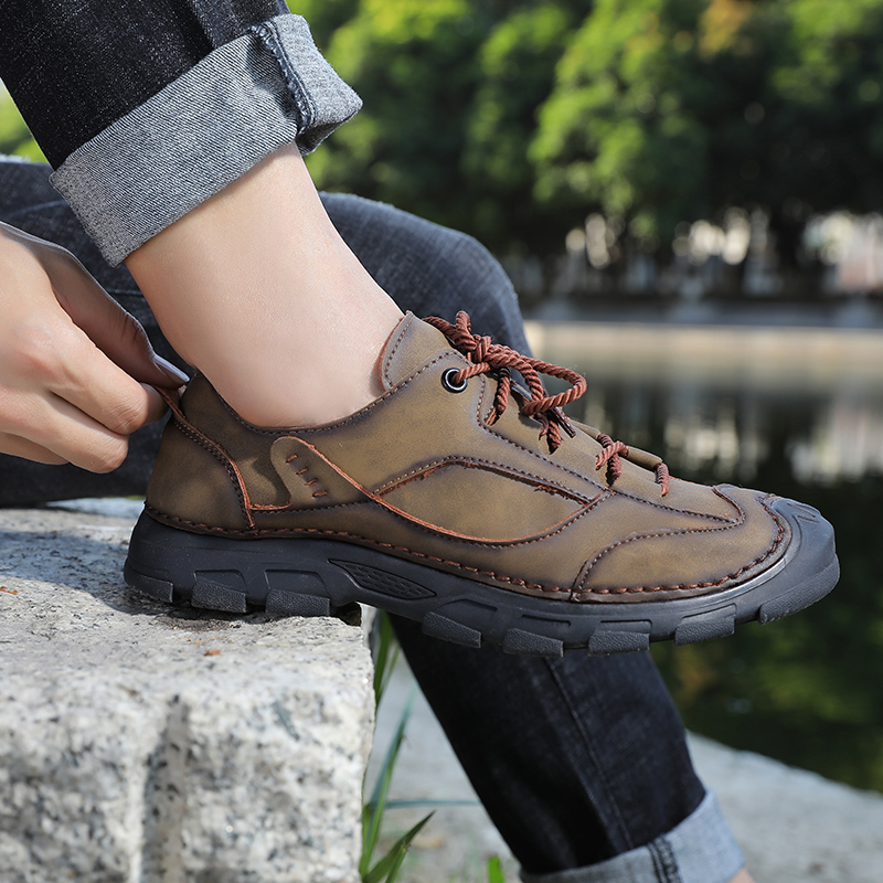 SocNoDn Men's Fashion Casual Luxury Handwork Leather Low-top Boots Men Hiking Worker Sneakers Shoes