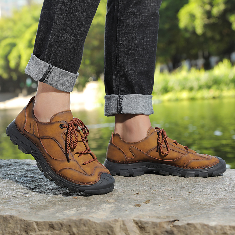 SocNoDn Men's Fashion Casual Luxury Handwork Leather Low-top Boots Men Hiking Worker Sneakers Shoes