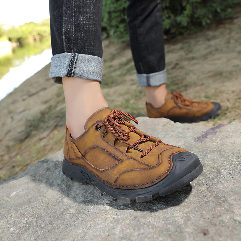 SocNoDn Men's Fashion Casual Luxury Handwork Leather Low-top Boots Men Hiking Worker Sneakers Shoes