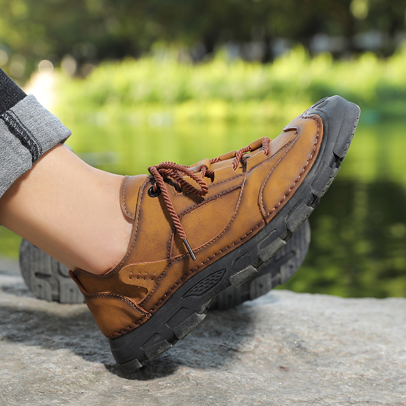 SocNoDn Men's Fashion Casual Luxury Handwork Leather Low-top Boots Men Hiking Worker Sneakers Shoes