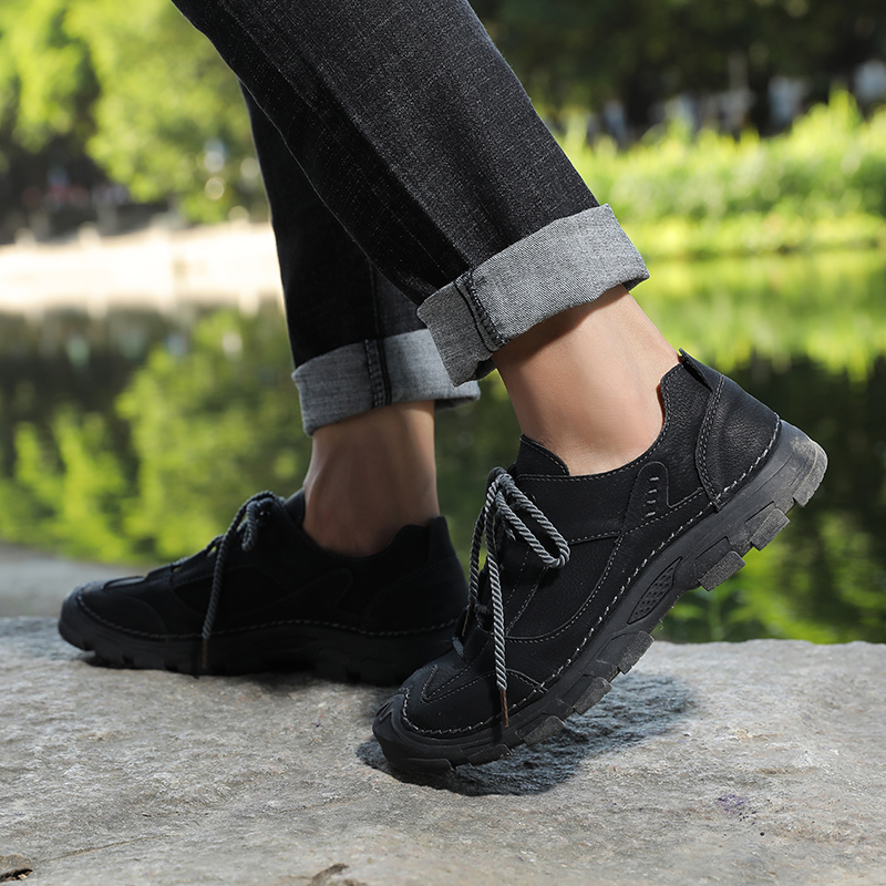 SocNoDn Men's Fashion Casual Luxury Handwork Leather Low-top Boots Men Hiking Worker Sneakers Shoes