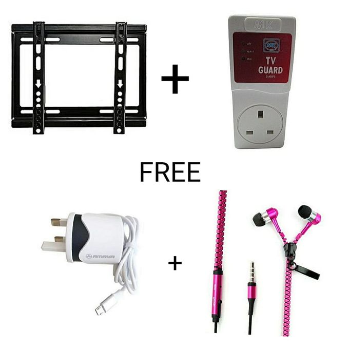 Wall Bracket for 14" to 42" TV + TV GUARD + CHARGER + ZIPPER EARPHONES