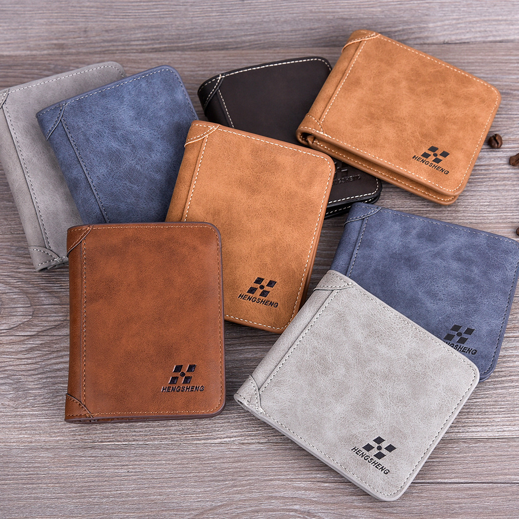 Men's wallet men's short paragraph matte leather wallet retro three fold vertical wallet