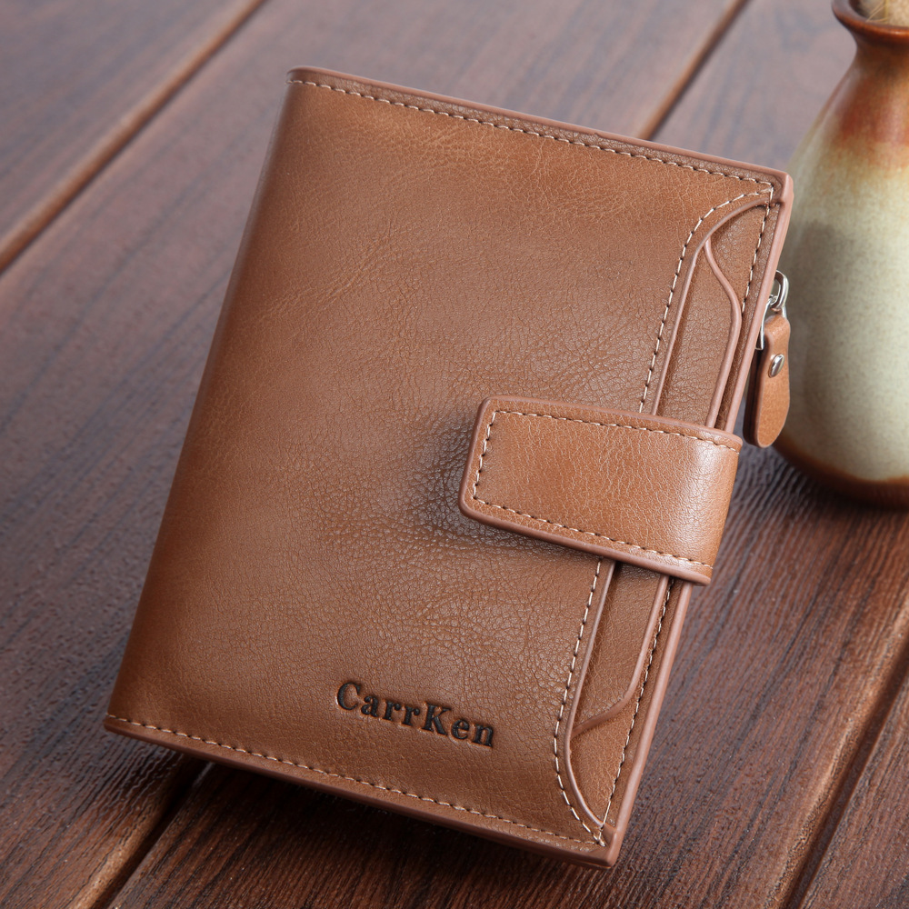 Men's wallet short button wallet large capacity zipper oil wax leather fashion purse