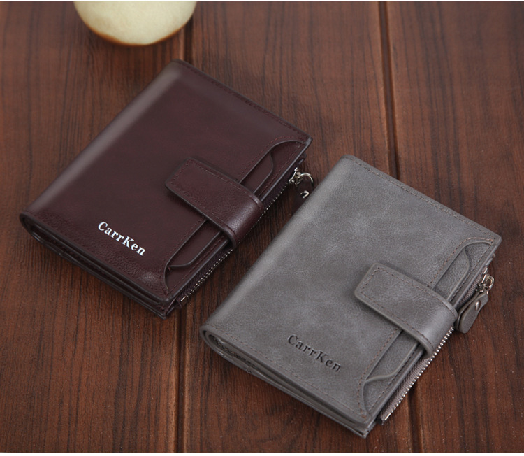 Men's wallet short button wallet large capacity zipper oil wax leather fashion purse