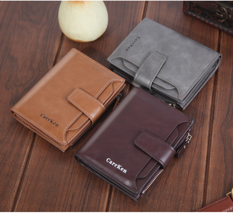Men's wallet short button wallet large capacity zipper oil wax leather fashion purse
