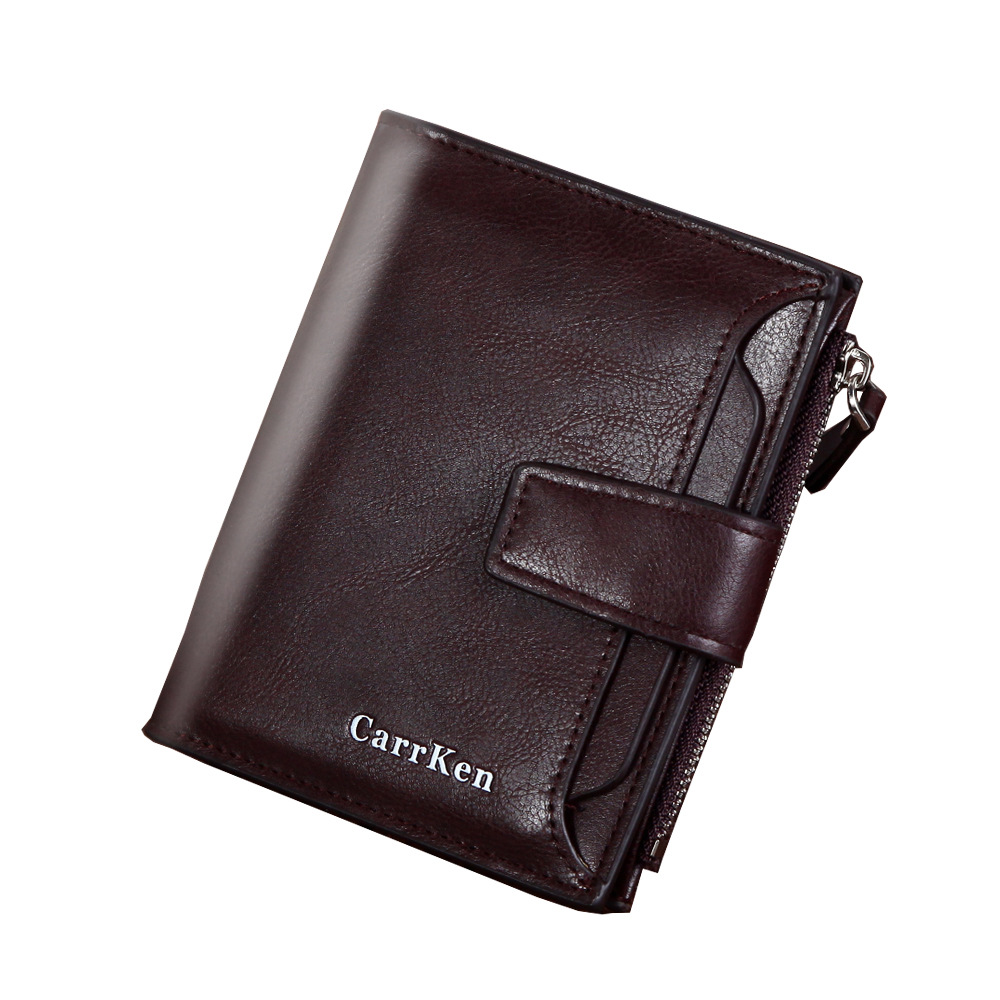 Men's wallet short button wallet large capacity zipper oil wax leather fashion purse