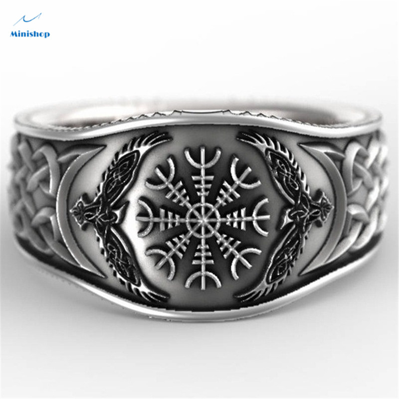 Viking Celtic Compass Retro Graffiti Plated S925  Silver Ring Men Punk Fashion Jeans Accessories