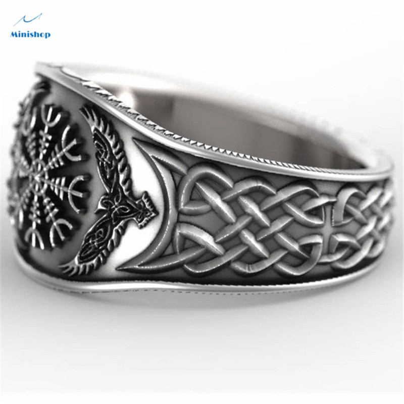 Viking Celtic Compass Retro Graffiti Plated S925  Silver Ring Men Punk Fashion Jeans Accessories