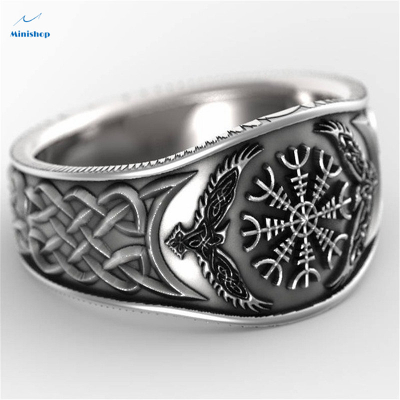 Viking Celtic Compass Retro Graffiti Plated S925  Silver Ring Men Punk Fashion Jeans Accessories