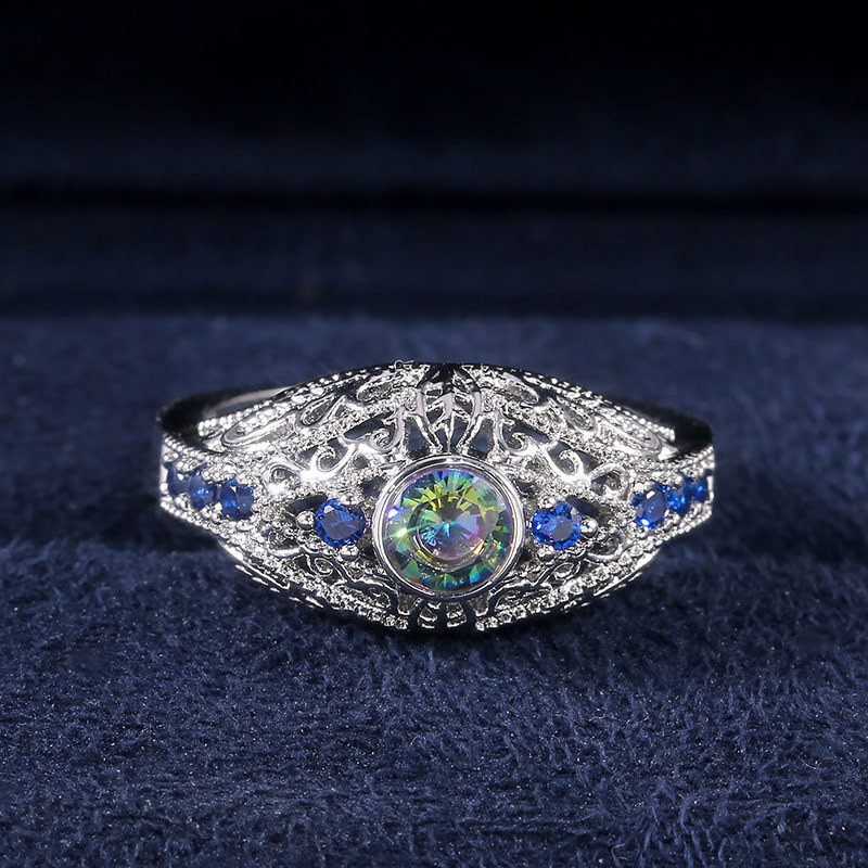 Women Fashion New Style Carved Flower Set Colorful Glass Diamond Retro Ring Lady Dress Accessories